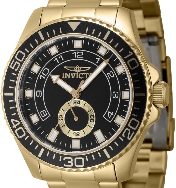 Reloj Invicta Pro Diver dorado, esfera negra, bisel deportivo, subesfera de 24 horas y resistencia al agua 100M.