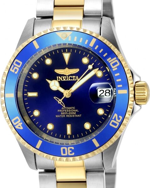 Reloj Invicta Pro Diver automático, acero inoxidable bicolor, bisel azul, esfera azul y resistencia al agua 200M.