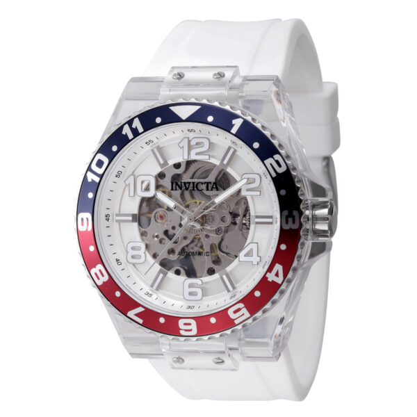 "Reloj Invicta Pro Diver Skeleton Automático con bisel Pepsi (rojo y azul), caja transparente y correa de silicona blanca. Reloj deportivo de lujo para hombre, resistente al agua 100M."