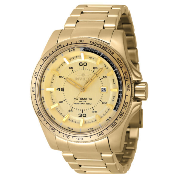 "Reloj Invicta Speedway Oro Automático, dorado, con taquímetro, caja y brazalete chapados en oro, y movimiento automático japonés."