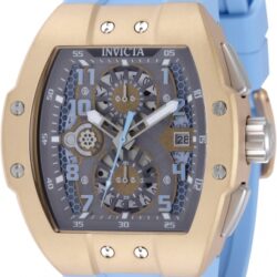 Reloj Invicta Racing 50412 para hombre con caja de acero inoxidable dorada, esfera deportiva y correa de silicona celeste.