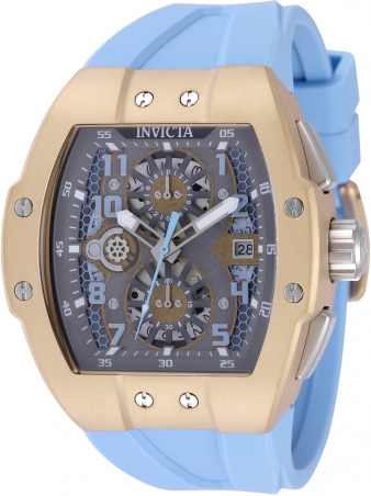 Reloj Invicta Racing 50412 para hombre con caja de acero inoxidable dorada, esfera deportiva y correa de silicona celeste.