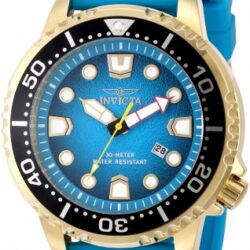 Reloj Invicta Pro Diver 49548 para hombre con caja dorada, esfera azul texturizada, bisel negro y correa de silicona azul.